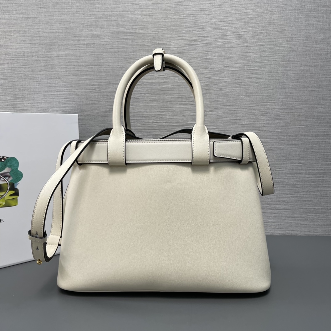 Prada Medium Buckle Leather Handbag Shoulder Bag With Belt White 1BA434